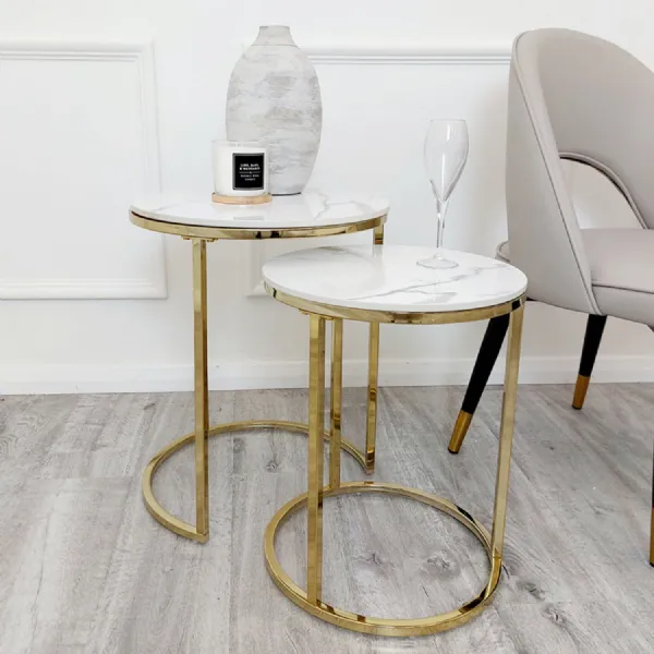Modern White Sintered Stone Top Tall Nest of 2 End Tables with Gold Metal Frame