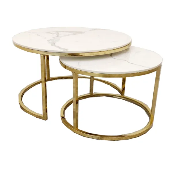 Modern White Sintered Stone Top Round Nest of 2 Coffee Tables with Gold Metal Frames