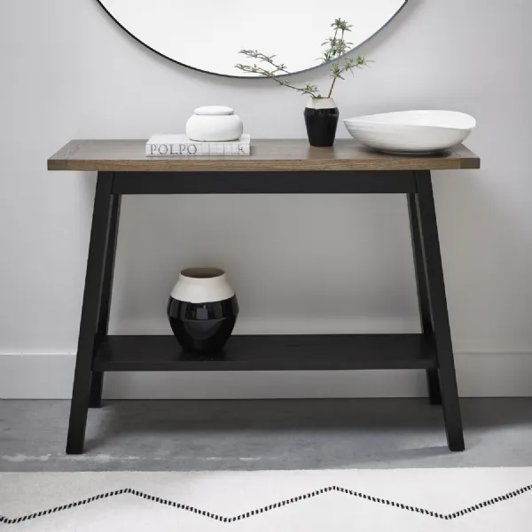 Weathered Oak Console Table with Shelf Black Peppercorn Base