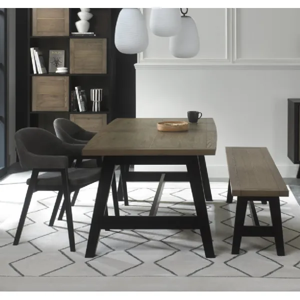 Weathered Oak Dining Table Set 2 Grey Fabric Chairs 1 Bench