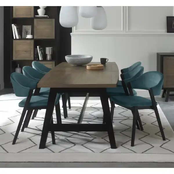 Weathered Oak Dining Table Set 6 Blue Velvet Side Chairs