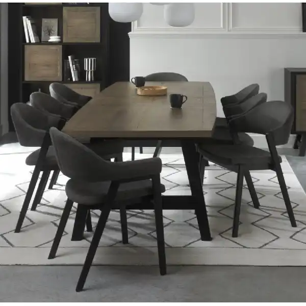 Weathered Oak Dining Set 6 Grey Fabric Chairs 2 Carvers