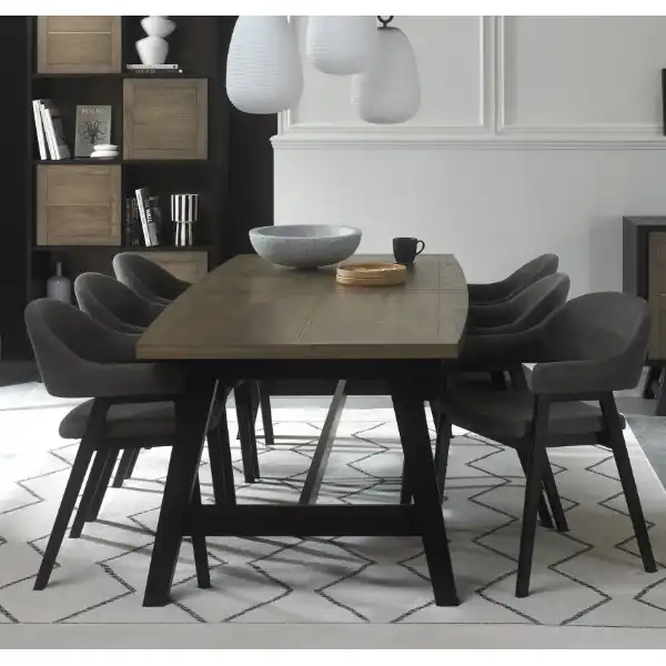 Weathered Oak Ext. Dining Table 6 Dark Grey Velvet Chairs Set