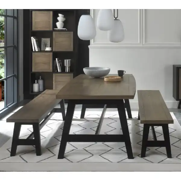 Weathered Oak Extending Dining Table Set 2 Large Benches