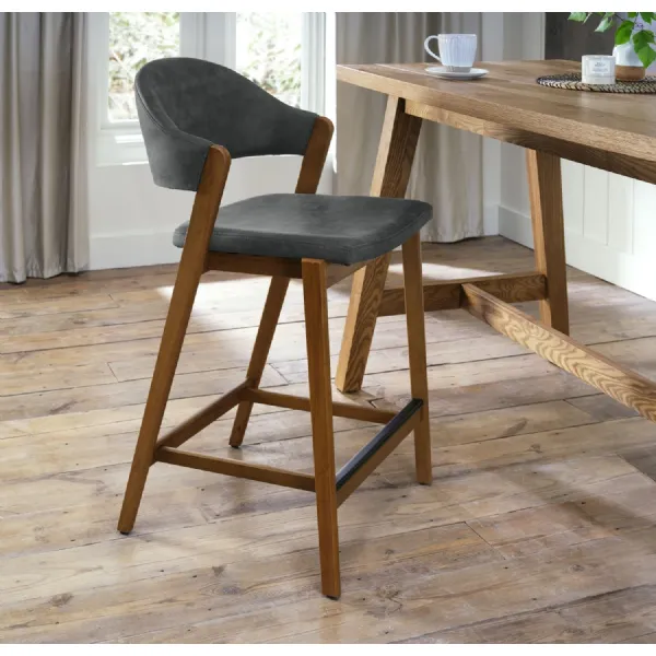 Dark Grey Fabric Curved Bar Stool Rustic Oak Frame