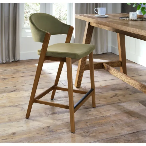 Green Velvet Curved Bar Stool Rustic Oak Frame