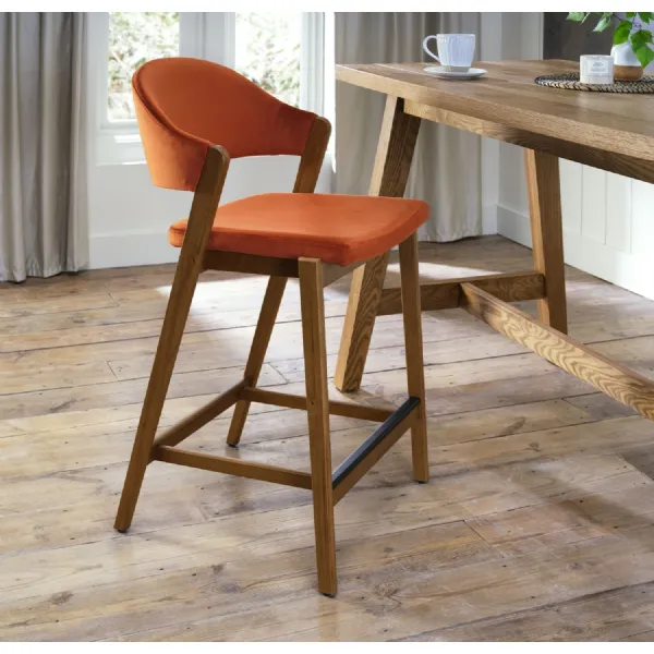 Rust Orange Velvet Curved Bar Stool Rustic Oak Frame