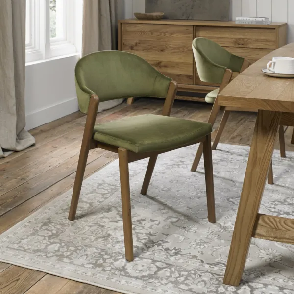 Green Velvet Curved Back Dining Chair Rustic Oak Frame