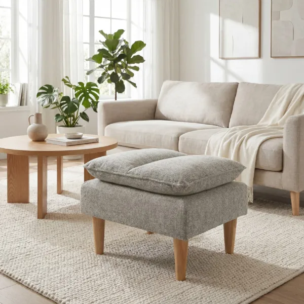 Natural Fabric Pillow Top Footstool Wooden Legs