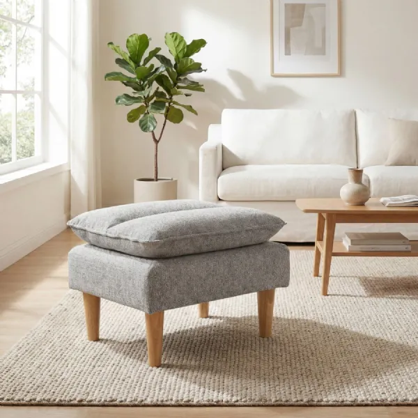Light Grey Fabric Pillow Top Footstool Wooden Legs