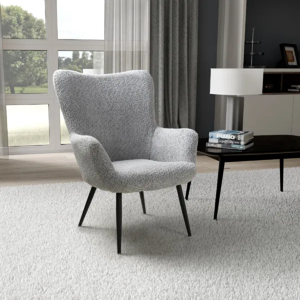Grey Textured Fabric Wing Back Armchair with Black Legs