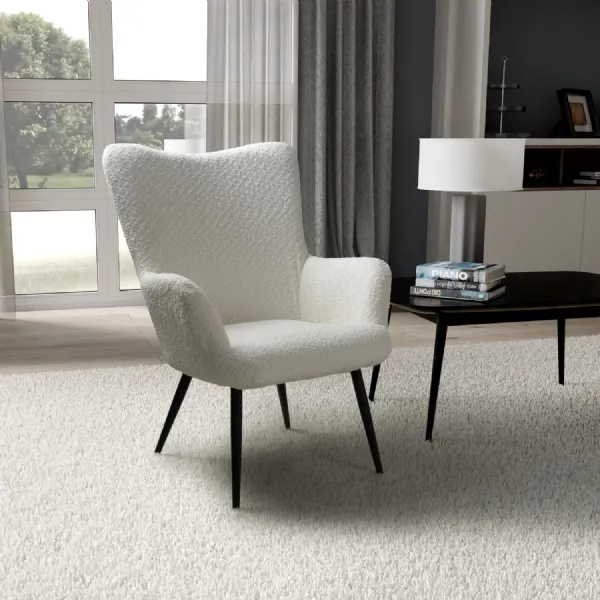 White Chenille Fabric Wing Back Armchair with Tapered Legs