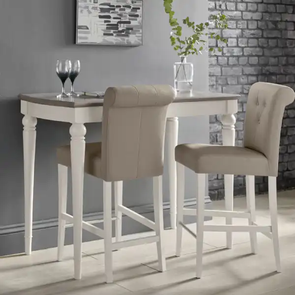 Washed Oak Grey Bar Table Set 2 Bar Stools in Grey Leather