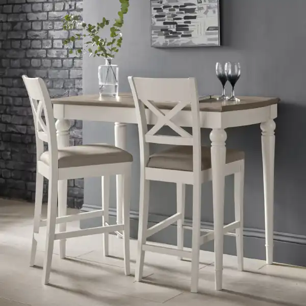 Washed Oak Bar Table And 2 Bar Stools in Grey Leather