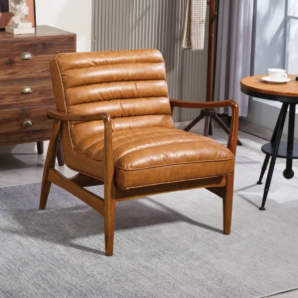 Tan Leather Effect Vintage Armchair with Wooden Frame