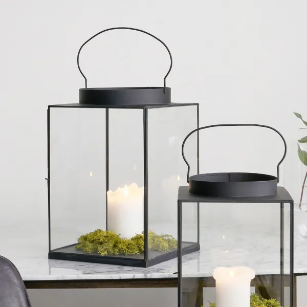 Large Black Metal and Glass Square Lantern
