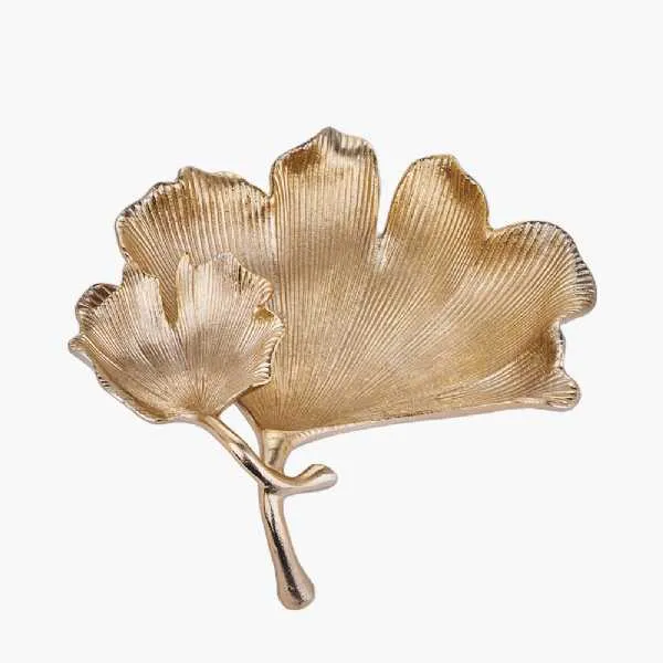 Shiny Gold Metal Decorative Dual Gingko Leaf Bowl