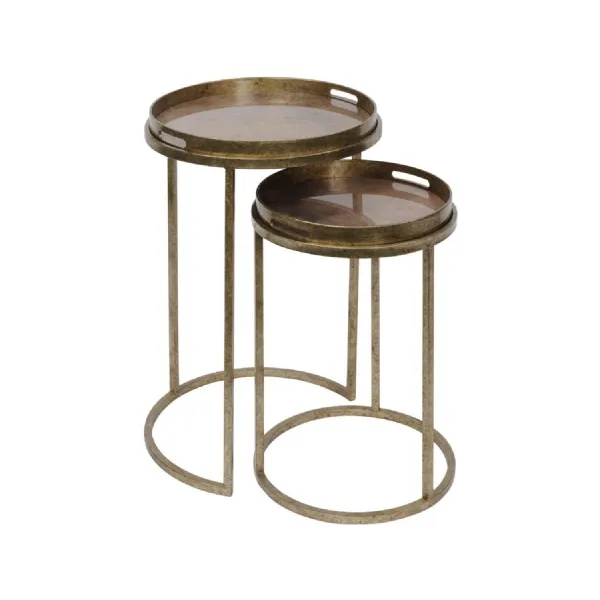 Gold Metal World Atlas Round Nest Set of 2 Side Tray Tables