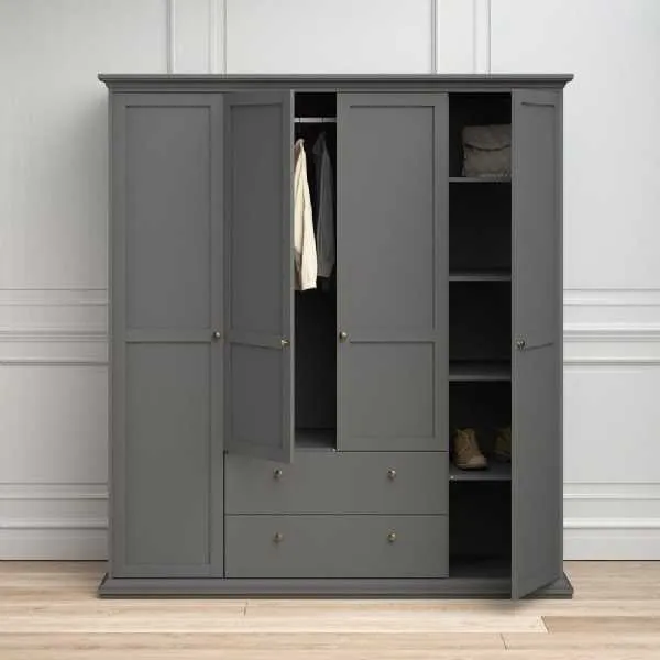 Matt Grey Large 4 Door 2 Drawer Wardrobe
