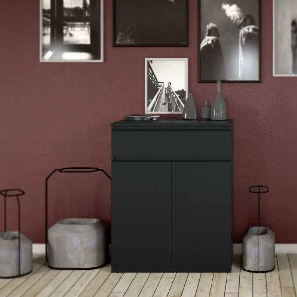 Matt Black Small Sideboard Cupboard Storage Unit 1 Drawer 2 Doors