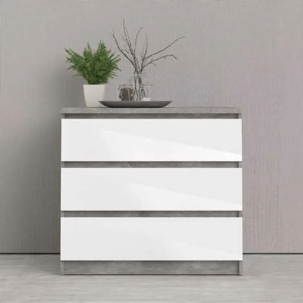 Wide Concrete and White 3 Drawer Chest With Recessed Handles
