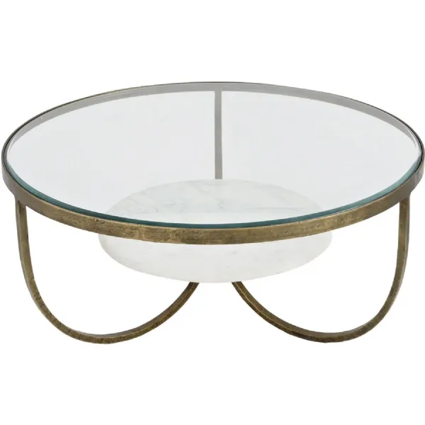Gold Metal and Glass Round Coffee Table White Marble Base