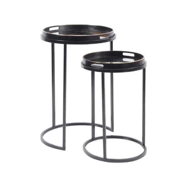 Black and Gold Mirrored Set of 2 Round Nesting Side Tables