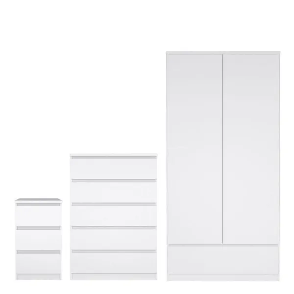 Naia Package Bedside 3 Drawers + Chest of 5 Drawers + Wardrobe with 2 doors + 1 drawer in White High Gloss
