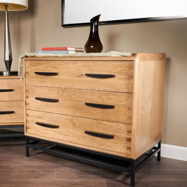 Natural Oak 3 Drawer Chest Black Metal Base