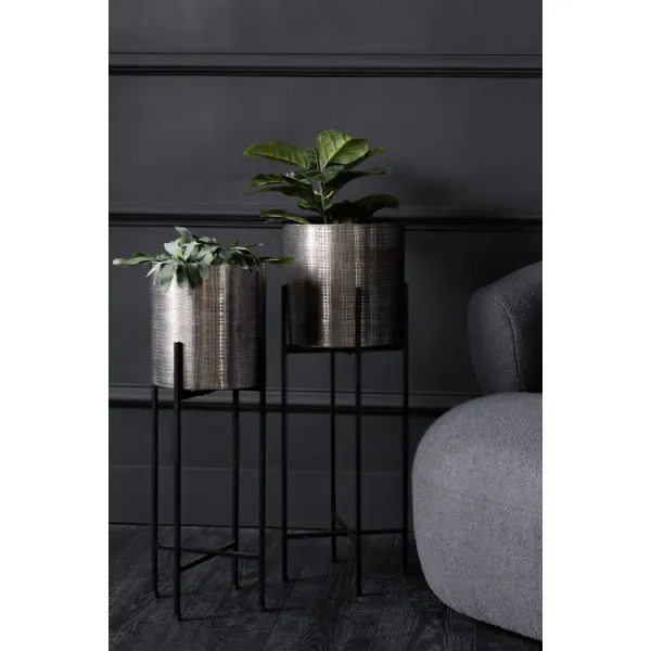 Etched Metal Set of 2 Floor Planters Black Stands
