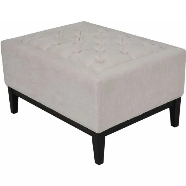 Ivory Fabric Buttoned Stool with Black Wooden Legs