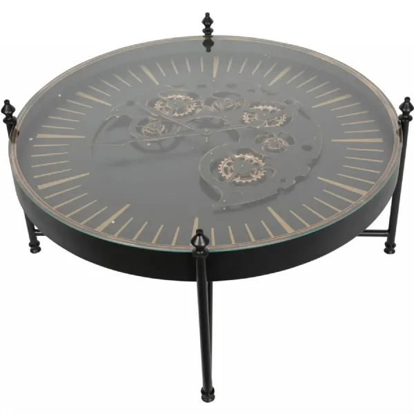 Black and Gold Round Coffee Table Clock with Moving Cogs