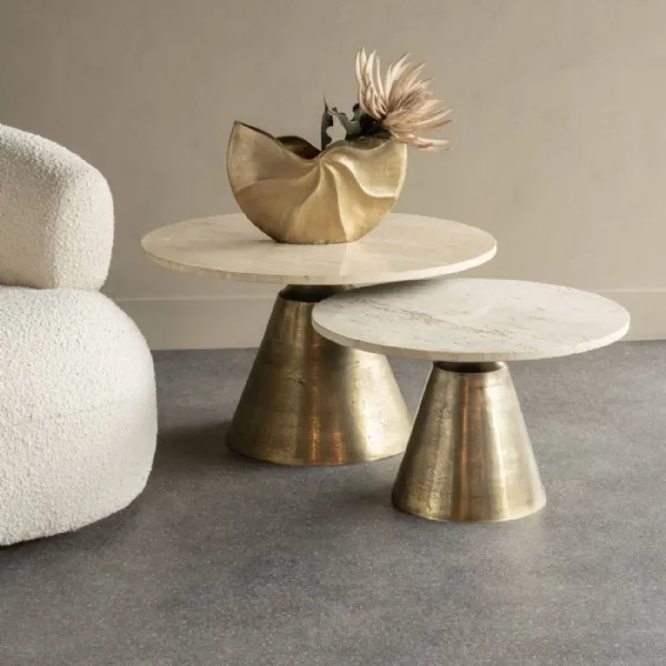 Small Round Marble Effect Coffee Table Brass Cone Base 60cm
