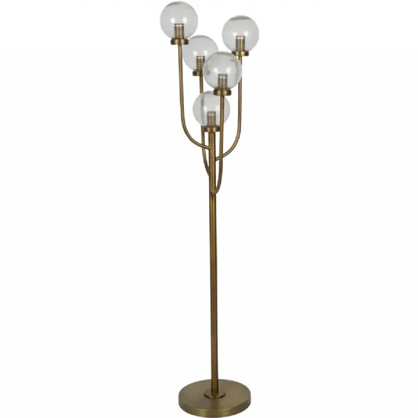 5 Hand Blown Crackle Glass Globes Brass Metal Floor Lamp