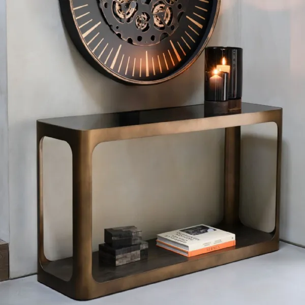 Smoked Gold Metal Rectangular Console Hall Table with Black Glass Top