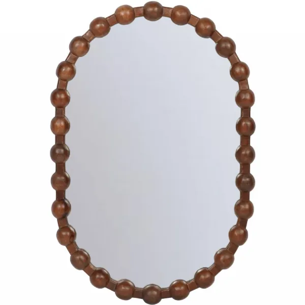 Brown Solid Mango Wood Oval Mirror with Carved Bobble Frame