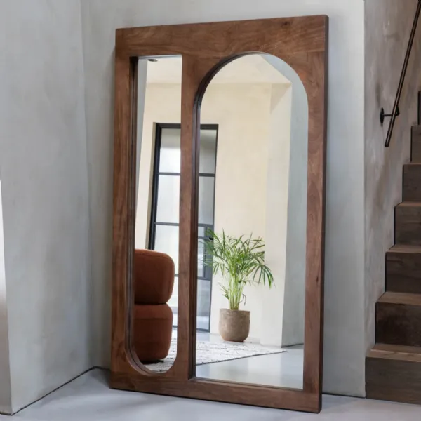 Art Deco Brown Mango Wood Floor Standing Mirror Curve Design