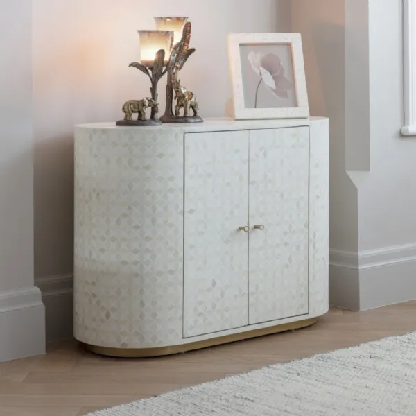 Curved White Bone Inlay 2 Door Bar Cabinet with Brass Plinth