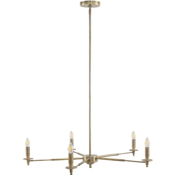 Modern Antique Brass 5 Light Chandelier with Slender Arms