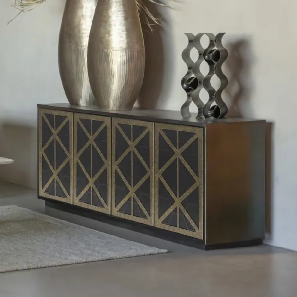 Black Washed Mango Wood 4 Door Sideboard Bronze Fretwork