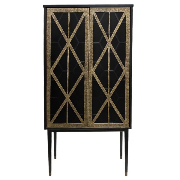 Black Washed Mango Wood Bar Cabinet Gold Fretwork Detailing