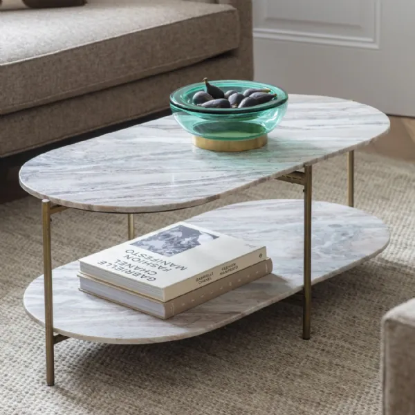 Modern Grey and White Marble Top Coffee Table with Shelf