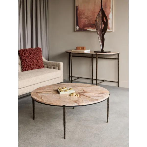 Brown Marble Top Round Coffee Table with Iron Legs