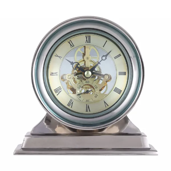 Nickel Aluminium Small Mantel Clock with Skeleton Dial