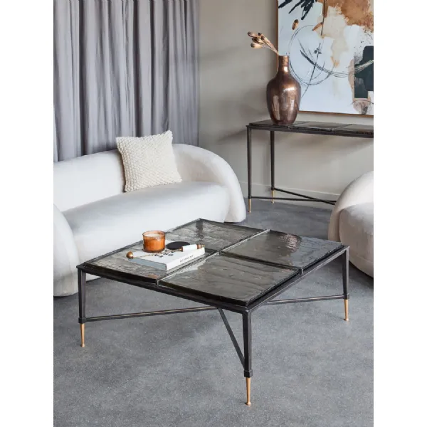Glass Top Square Coffee Table with Black Iron Base