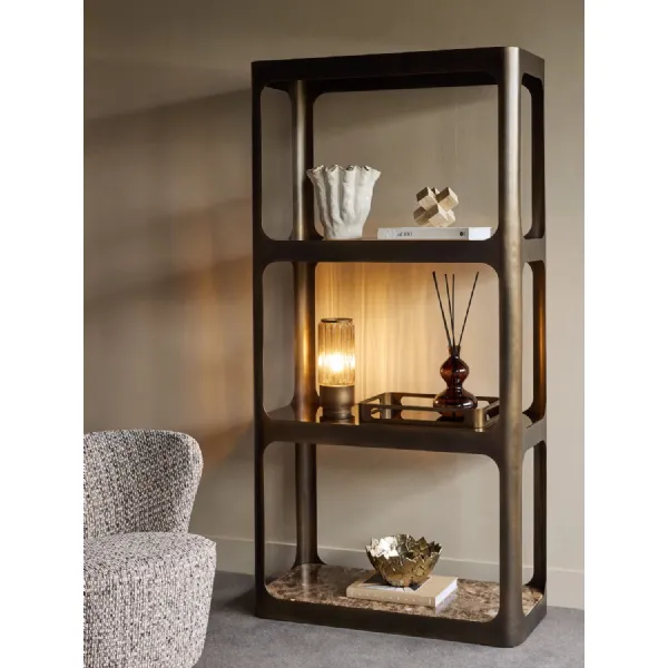 Smoked Bronze Metal Large Shelving Unit Glass Marble Shelves