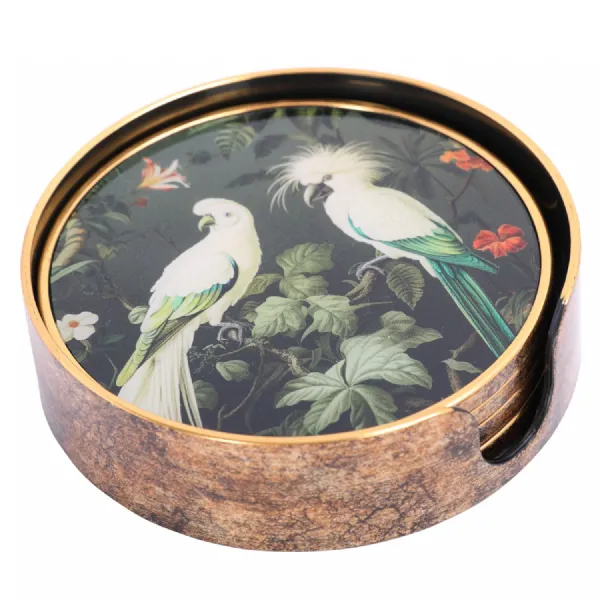 Tropical Birds Set Coasters Gold, Green