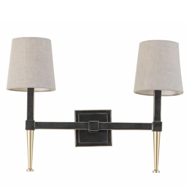 Gilded Oak and Brushed Iron Wall Light with Twin Shades