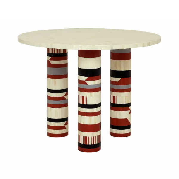 Cream Bone Round Dining Table with Geometric Inlay Legs
