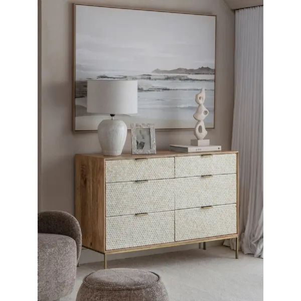 Cream Bone Patterned Chest of 6 Drawers Wooden Framed